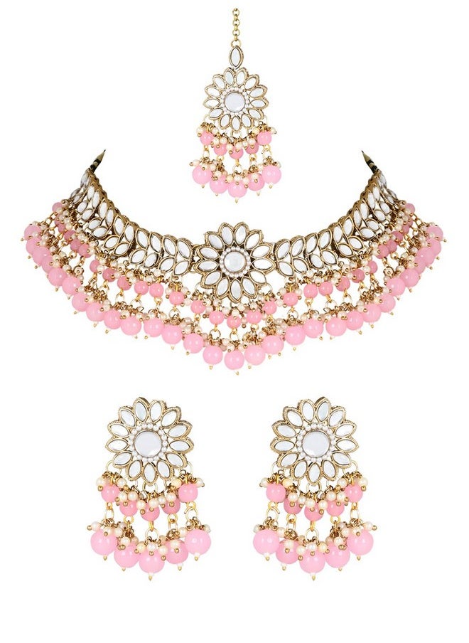 I Jewels - I Jewels Gold Plated Traditional Kundan Studded Pink Pearl Hanging Choker Necklace Jewellery Set With Earrings & Maang Tikka For Women (K7232Pi) - Image 1
