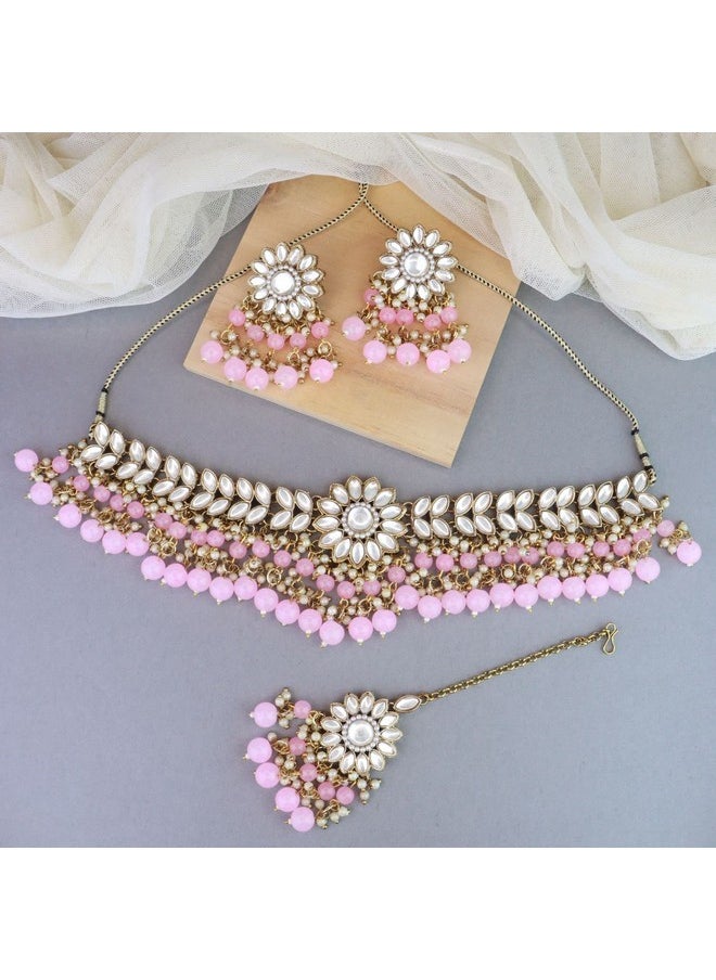 I Jewels - I Jewels Gold Plated Traditional Kundan Studded Pink Pearl Hanging Choker Necklace Jewellery Set With Earrings & Maang Tikka For Women (K7232Pi) - Image 1