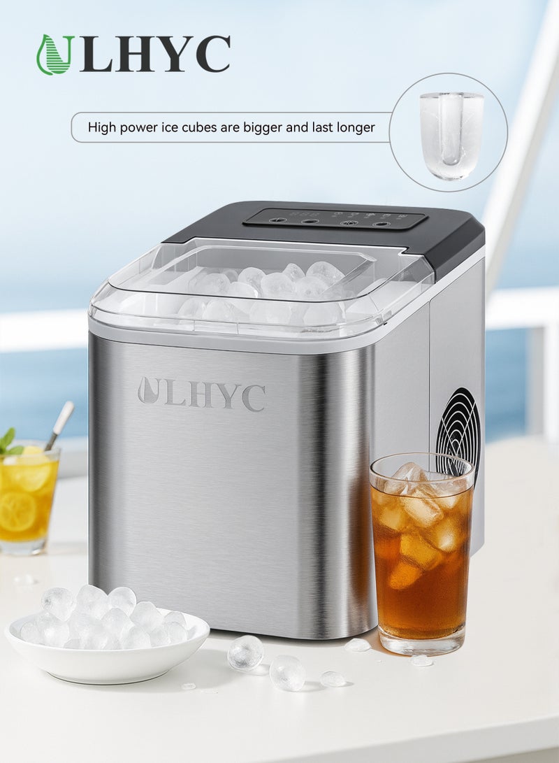 ULHYC Ice Maker 1.6L 130W, Portable Ice Maker for Large Blocks, Stainless Steel Ice Maker, Makes 9 Blocks of Ice in 6 Minutes, With Self-cleaning Function, With Basket Scoop, Visual Top Cover, Suitable for Gathering, Party, Kitchen, Home, Camping - Image 1