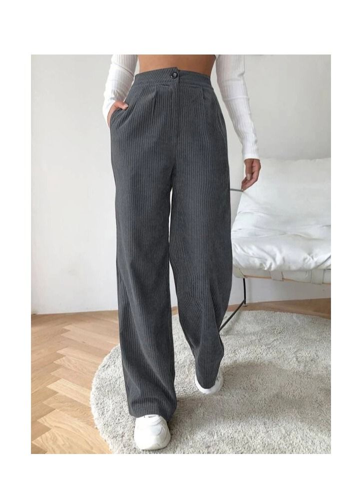 Loquat Women's Fashion New Solid Color Casual Corduroy High Waist Straight Pants 