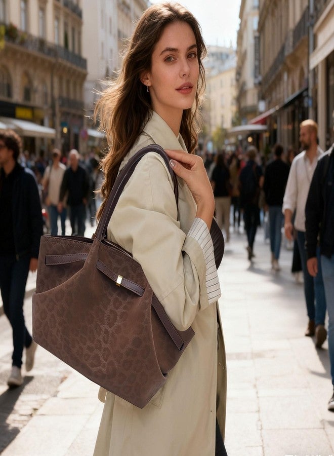 WREWING Faux Suede Tote Bag for Women Leopard Print Tote Purse Vintage Shoulder Bag Hobo Handbag for Work Travel (Coffee) - Image 2