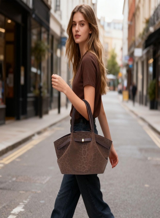 WREWING Faux Suede Tote Bag for Women Leopard Print Tote Purse Vintage Shoulder Bag Hobo Handbag for Work Travel (Coffee) - Image 3