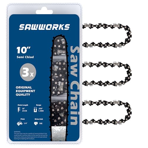 SawWorks 3-Pack 10 Inch Pole Saw Chain, 1/4" Pitch .050" Gauge 58 Drive Links Fits Greenworks PS80L210, PS80L00, PS60L210, PS60L00, PS60L01, PS60L211, Kobalt KPS 1080B-06, 2080A-06 and More - Image 1