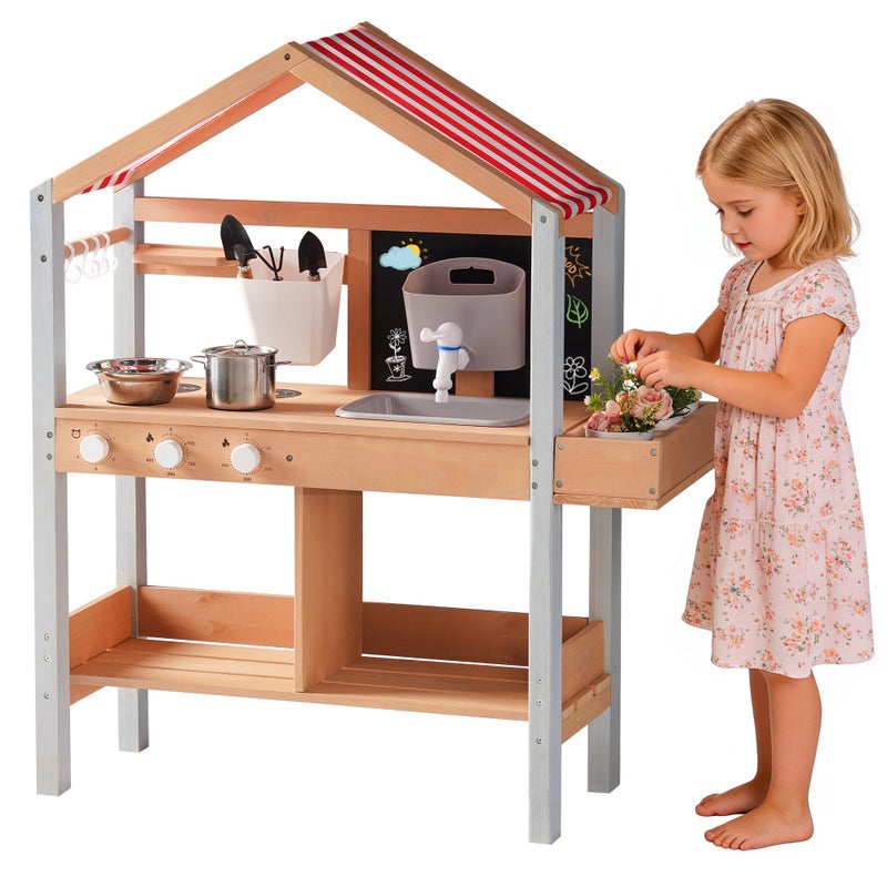 ROBUD Mud Kitchen for Kids Outdoor Wooden Playset with Stove Sink Chalkboard Storage Pretend Play Kitchen with Canopy for Outdoor FunBoys and Girls Ages 3 - Image 3