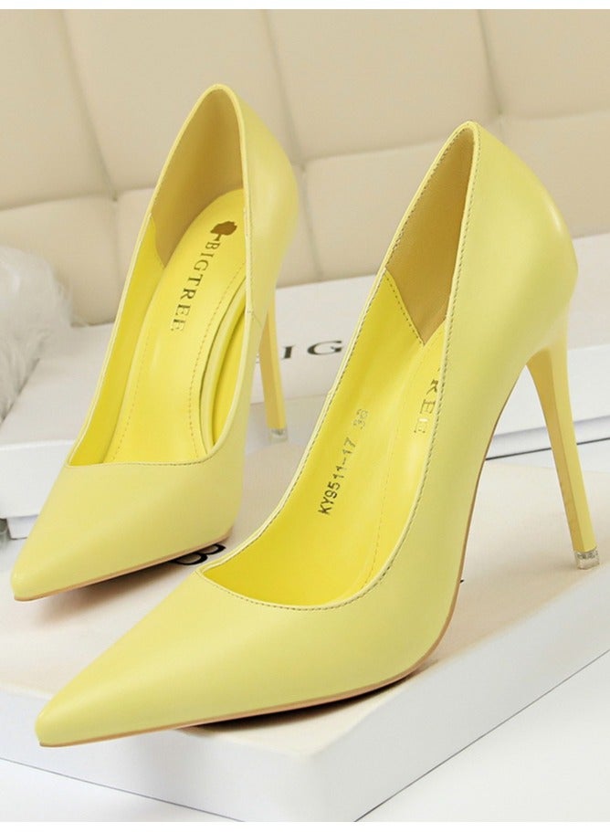 BIGTREE Women's Comfortable Stiletto Pumps 10.5cm Elegant Gorgeous Closed Pointed Toe Slip On Solid High Heels Yellow - Image 1
