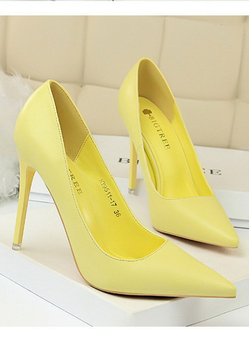 BIGTREE Women's Comfortable Stiletto Pumps 10.5cm Elegant Gorgeous Closed Pointed Toe Slip On Solid High Heels Yellow - Image 2