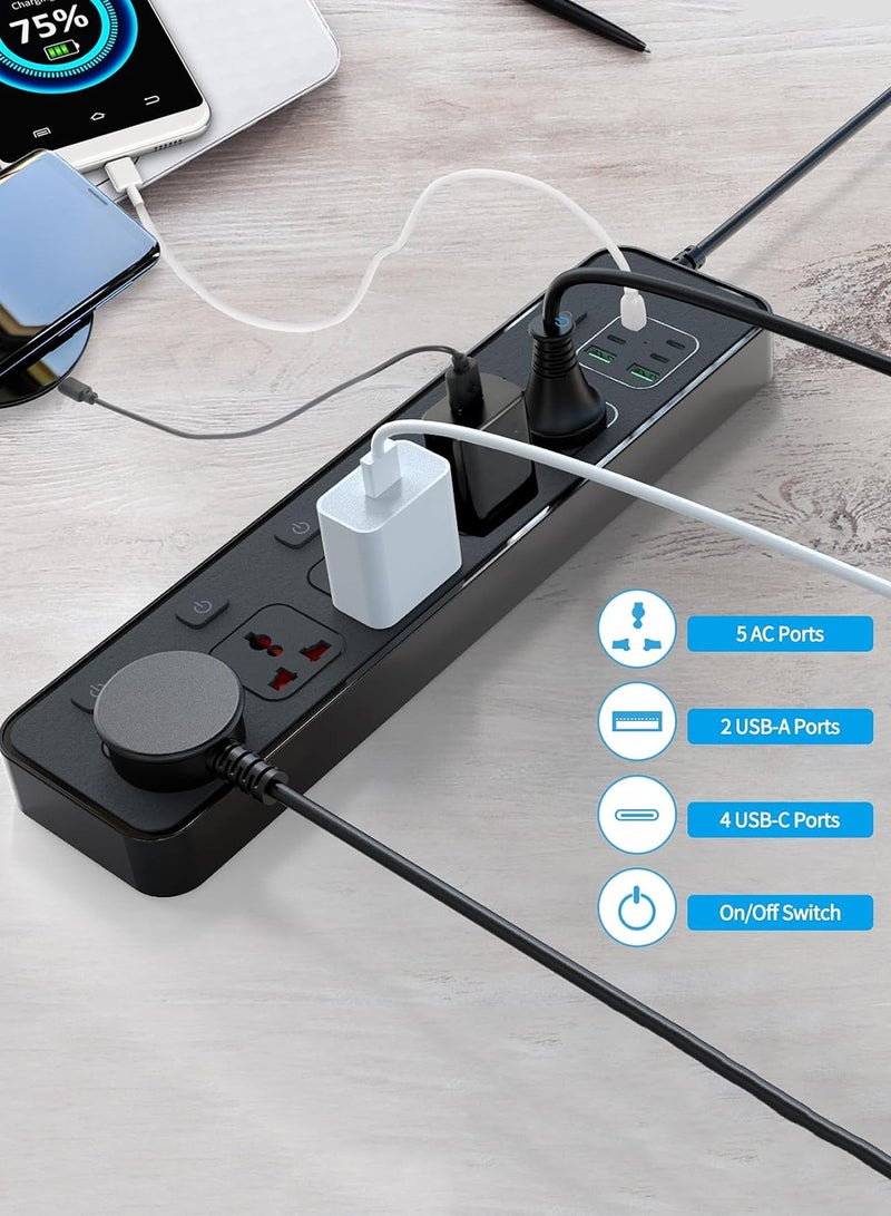 هيروكس سلك تمديد شريط الطاقة، محول قابس عالمي بخمسة منافذ، مع 2 أمبير، 4 منافذ USB، وواقي من زيادة التيار، ومقبس شحن، مع سلك تمديد عالمي بطول مترين | شريط تمديد | مقبس تمديد - Image 2