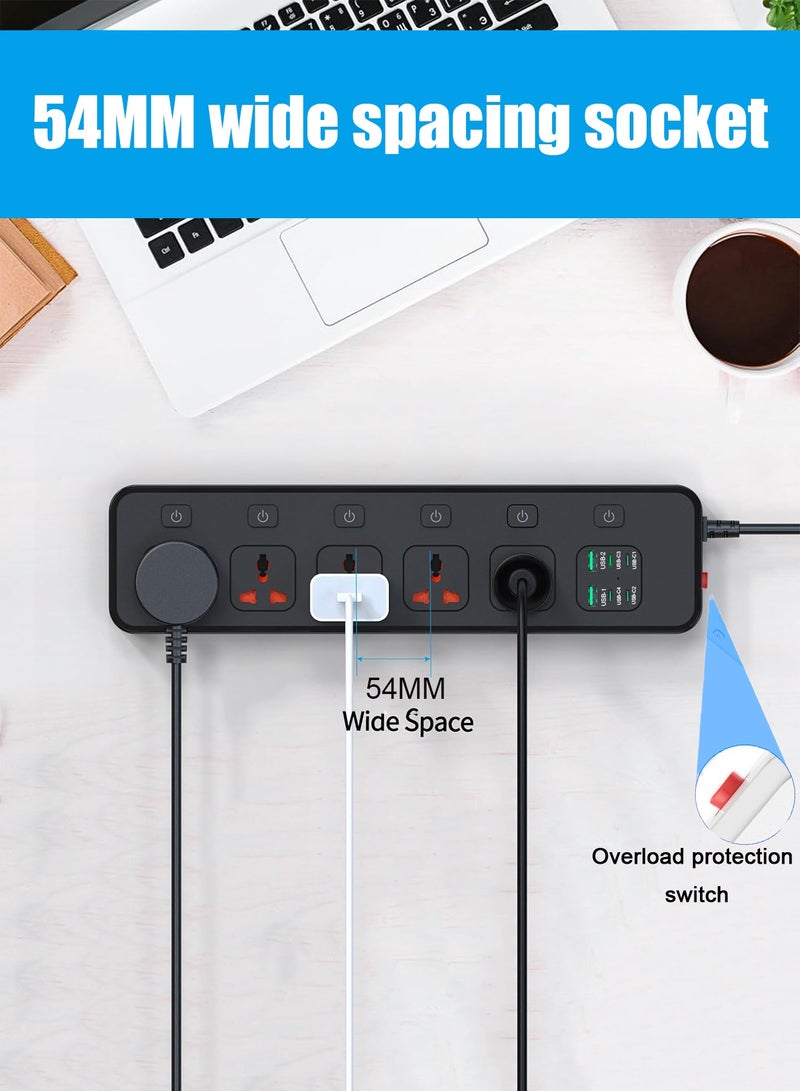 هيروكس سلك تمديد شريط الطاقة، محول قابس عالمي بخمسة منافذ، مع 2 أمبير، 4 منافذ USB، وواقي من زيادة التيار، ومقبس شحن، مع سلك تمديد عالمي بطول مترين | شريط تمديد | مقبس تمديد - Image 3