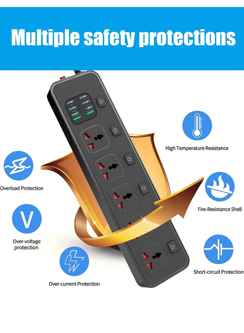هيروكس سلك تمديد شريط الطاقة، محول قابس عالمي بخمسة منافذ، مع 2 أمبير، 4 منافذ USB، وواقي من زيادة التيار، ومقبس شحن، مع سلك تمديد عالمي بطول مترين | شريط تمديد | مقبس تمديد - Image 4