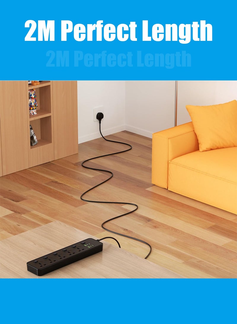 هيروكس سلك تمديد شريط الطاقة، محول قابس عالمي بخمسة منافذ، مع 2 أمبير، 4 منافذ USB، وواقي من زيادة التيار، ومقبس شحن، مع سلك تمديد عالمي بطول مترين | شريط تمديد | مقبس تمديد - Image 5