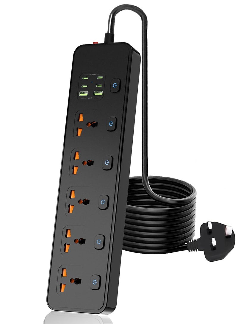 هيروكس سلك تمديد شريط الطاقة، محول قابس عالمي بخمسة منافذ، مع 2 أمبير، 4 منافذ USB، وواقي من زيادة التيار، ومقبس شحن، مع سلك تمديد عالمي بطول مترين | شريط تمديد | مقبس تمديد - Image 1