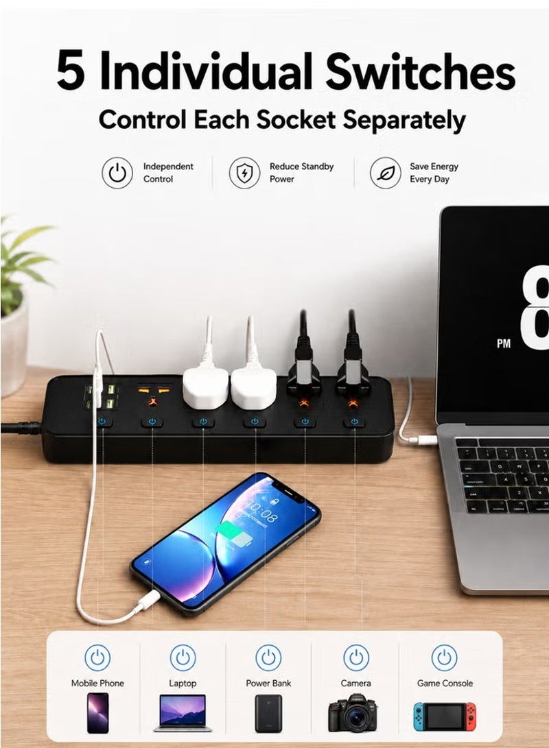 HEROCKX Power Strip, Extension Cord 5 Outlets ,Universal Plug Adapter, With 2A 4C USB Ports ,Surge Protector Charging Socket ,With 2m Universal Extension Cord | Extension Strip | Extension Socket - Image 2