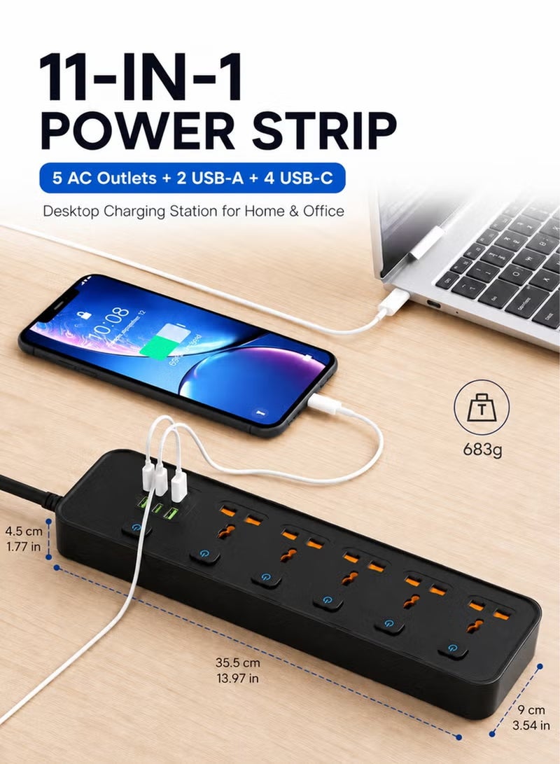 HEROCKX Power Strip, Extension Cord 5 Outlets ,Universal Plug Adapter, With 2A 4C USB Ports ,Surge Protector Charging Socket ,With 2m Universal Extension Cord | Extension Strip | Extension Socket - Image 3