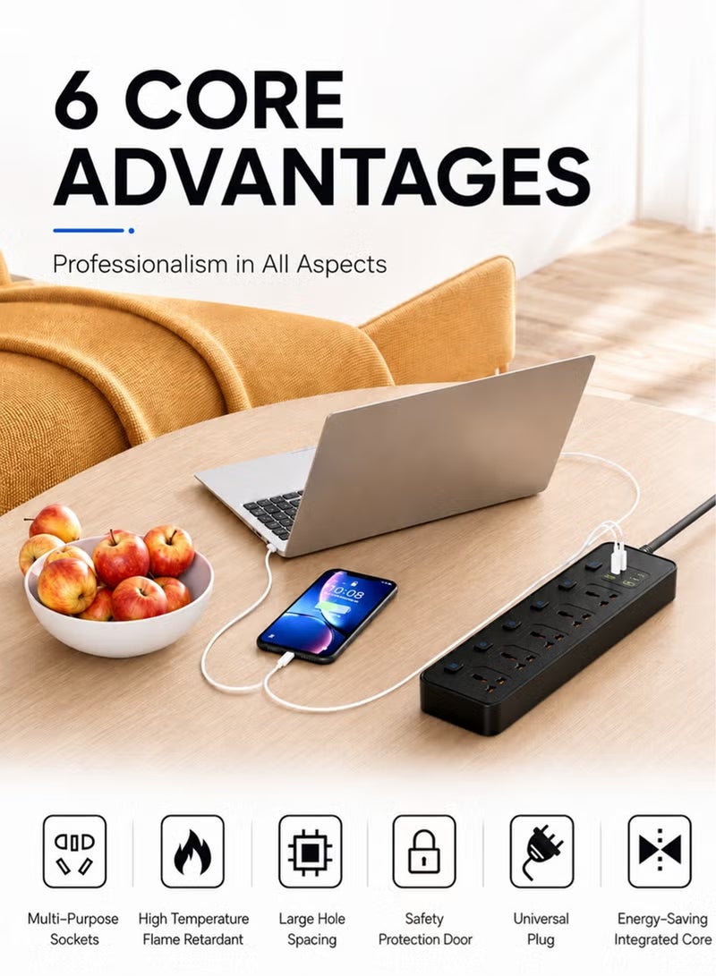 HEROCKX Power Strip, Extension Cord 5 Outlets ,Universal Plug Adapter, With 2A 4C USB Ports ,Surge Protector Charging Socket ,With 2m Universal Extension Cord | Extension Strip | Extension Socket - Image 4