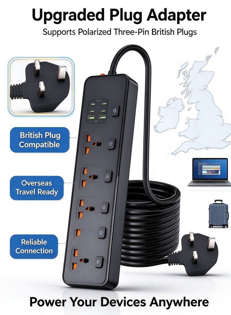 HEROCKX Power Strip, Extension Cord 5 Outlets ,Universal Plug Adapter, With 2A 4C USB Ports ,Surge Protector Charging Socket ,With 2m Universal Extension Cord | Extension Strip | Extension Socket - Image 5