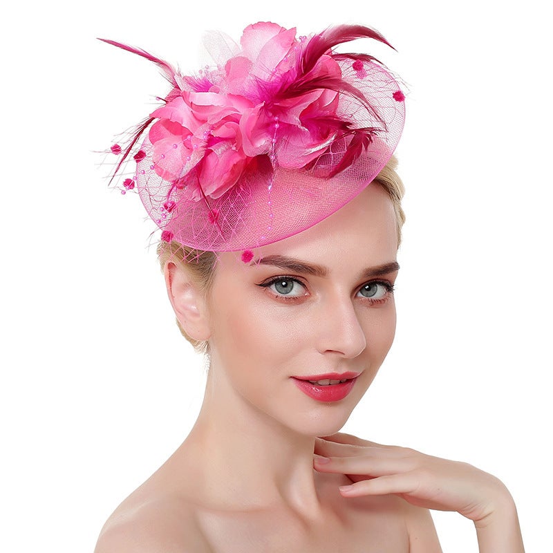 Generic Elegant Bridal Hat Veil Feather Hair Clip Accessory Rose Red