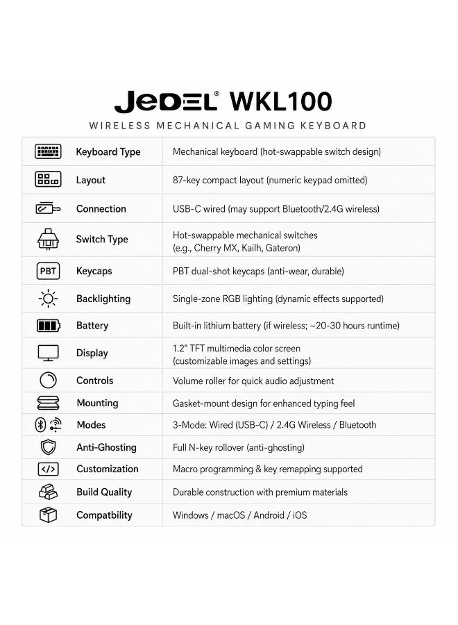 جي ديل لوحة مفاتيح ميكانيكية للألعاب WKL100 بثلاثة أوضاع: لاسلكية، بلوتوث، وسلكية - مفاتيح Philikey صفراء (خطية) قابلة للتبديل السريع مع قاعدة تثبيت محكمة - شاشة ملونة TFT مقاس 1.2 بوصة - عجلة للتحكم في مستوى الصوت - Image 5