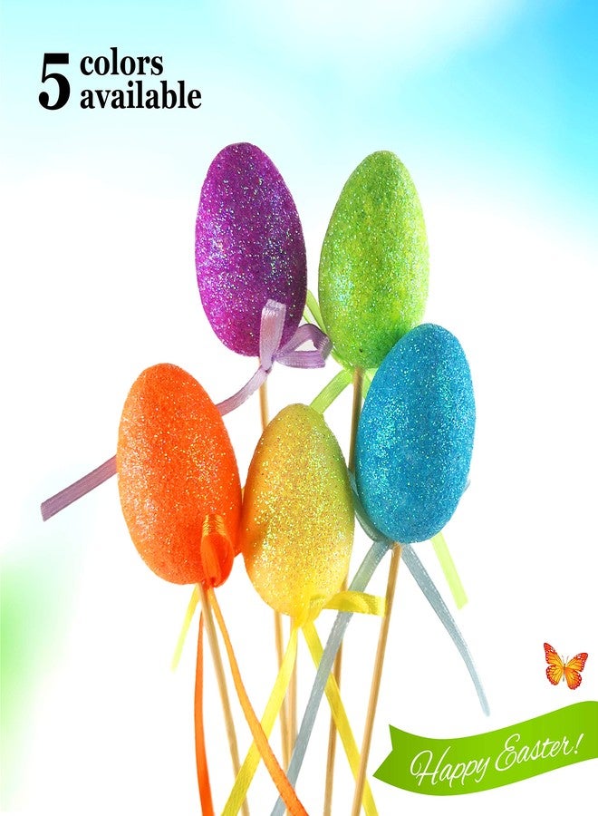 Bstaofy 20pcs Glitter Easter Egg Plant Picks Foam Crafts Wooden Stake Decoration Cake Topper Sticks Garden Ornament, Assorted Colors - Image 4