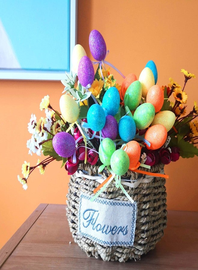 Bstaofy 20pcs Glitter Easter Egg Plant Picks Foam Crafts Wooden Stake Decoration Cake Topper Sticks Garden Ornament, Assorted Colors - Image 2