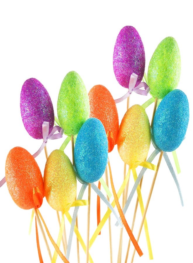 Bstaofy 20pcs Glitter Easter Egg Plant Picks Foam Crafts Wooden Stake Decoration Cake Topper Sticks Garden Ornament, Assorted Colors - Image 1