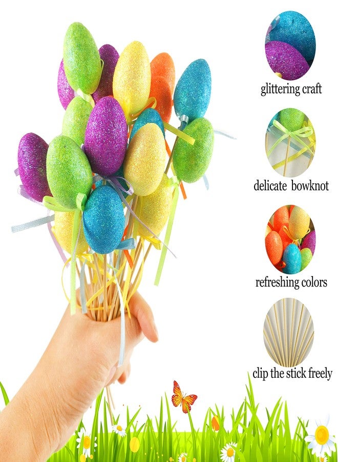 Bstaofy 20pcs Glitter Easter Egg Plant Picks Foam Crafts Wooden Stake Decoration Cake Topper Sticks Garden Ornament, Assorted Colors - Image 3