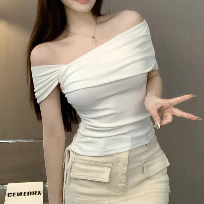 Manjieya New Style Off-Shoulder Short Slim-Fit Pure Desire Style Top Women'S Short-Sleeve Tight Waist Drawstring Tight Waist Spice Girl T-Shirt - Image 2