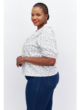 Neon Rose Women Curvy Fit Peter Pan Collar Short Sleeve Floral Blouse, White Combo  - Image 2