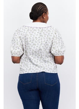 Neon Rose Women Curvy Fit Peter Pan Collar Short Sleeve Floral Blouse, White Combo  - Image 3