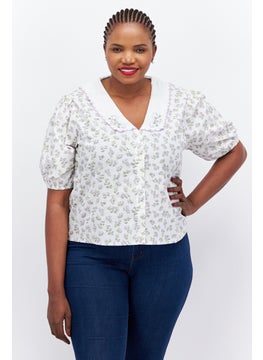 Neon Rose Women Curvy Fit Peter Pan Collar Short Sleeve Floral Blouse, White Combo  - Image 1