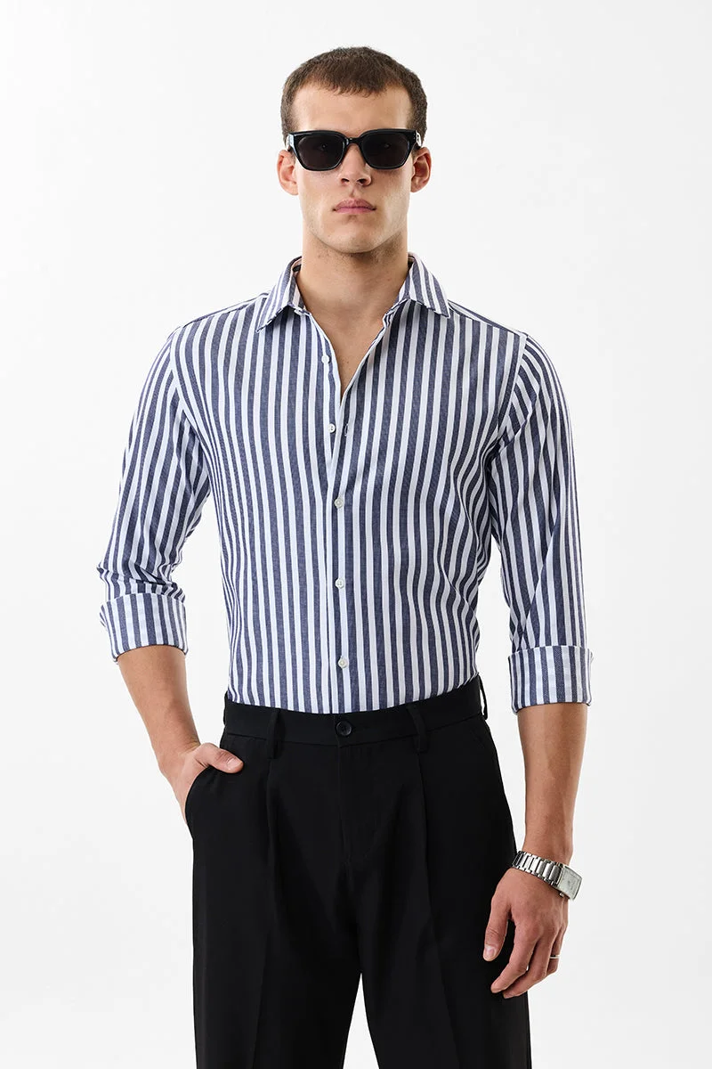 SNITCH Navy Blue Striped Long Sleeve Slim Fit Luxe Shirt