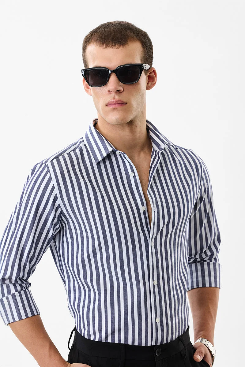 SNITCH Navy Blue Striped Long Sleeve Slim Fit Luxe Shirt