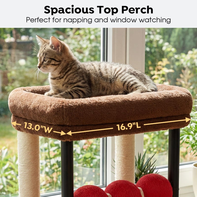 Veehoo Small Cat Tree, Cat Scratching Post with 17"x13" Wide Top Bed, 20.5" Sturdy Cats Tower with Natural Sisal Scratch Posts & Rotatable Balls for Small Spaces, Kittens - Image 3