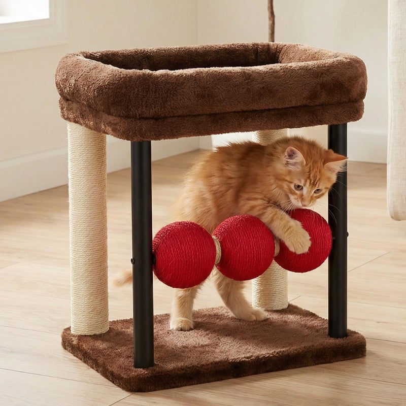 Veehoo Small Cat Tree, Cat Scratching Post with 17"x13" Wide Top Bed, 20.5" Sturdy Cats Tower with Natural Sisal Scratch Posts & Rotatable Balls for Small Spaces, Kittens - Image 1