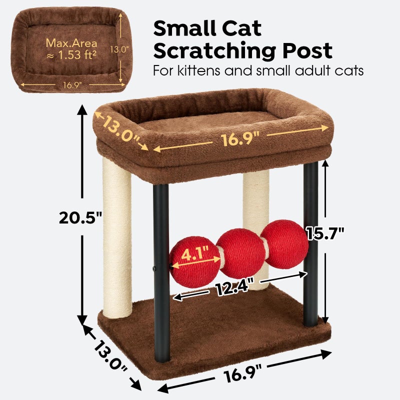 Veehoo Small Cat Tree, Cat Scratching Post with 17"x13" Wide Top Bed, 20.5" Sturdy Cats Tower with Natural Sisal Scratch Posts & Rotatable Balls for Small Spaces, Kittens - Image 5