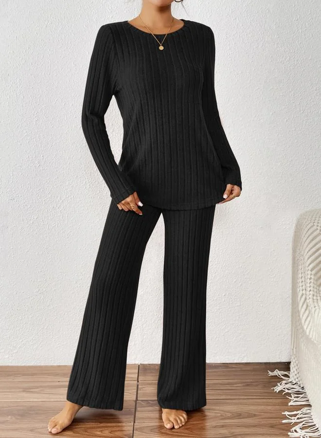 تايك تو طقم بلوزة وبنطال بيجاما مضلع أسود للنساء