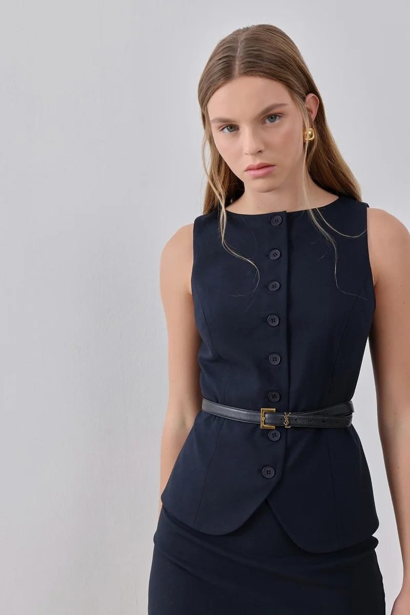 بيسز اوف ميلون Navy Blue Front Buttoned Lined Long Vest