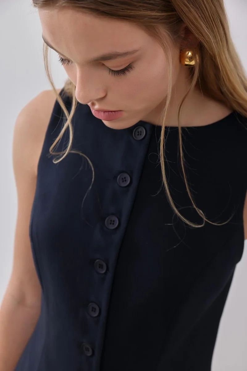 بيسز اوف ميلون Navy Blue Front Buttoned Lined Long Vest