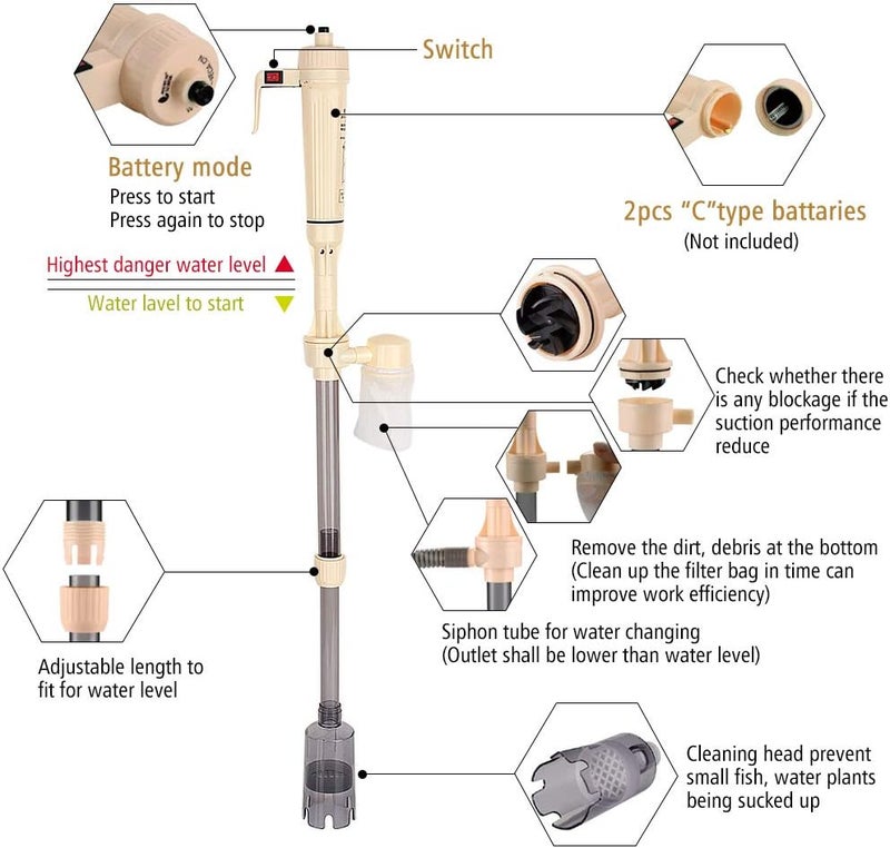 كلاراكو منظف حصى حوض السمك من كلاركو، منظف حصى حوض السمك الكهربائي الأوتوماتيكي، مضخة سيفون تعمل بالبطارية، مغير مياه لحوض السمك - Image 3