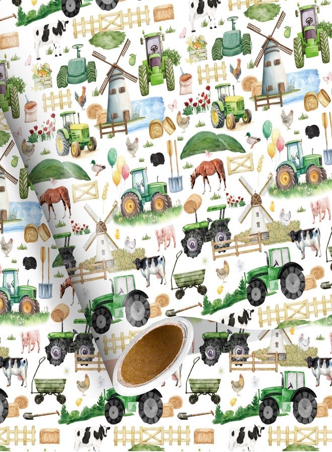 Pineraap Farm Gift Wrapping Paper Roll, 17 In × 16.4 Ft - Mini Roll, Farm Animal Gift Wrap, Green Tractor Wrapping Paper for Farm Lovers Birthday Rustic Party Decoration Holiday Baby Shower - Image 1