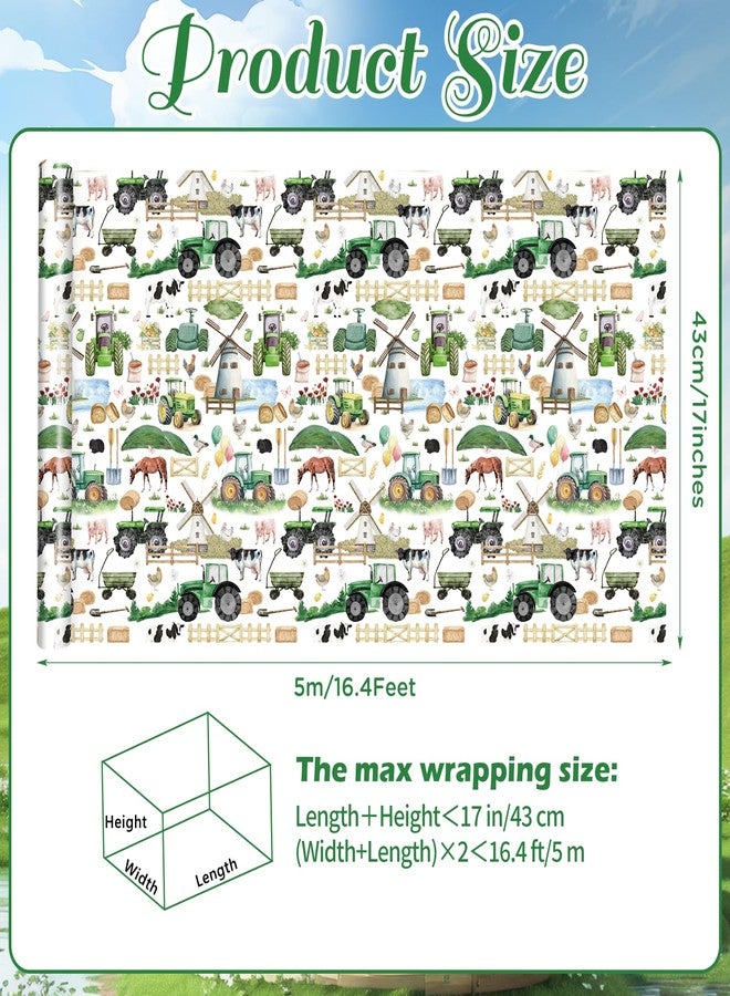 Pineraap Farm Gift Wrapping Paper Roll, 17 In × 16.4 Ft - Mini Roll, Farm Animal Gift Wrap, Green Tractor Wrapping Paper for Farm Lovers Birthday Rustic Party Decoration Holiday Baby Shower - Image 4