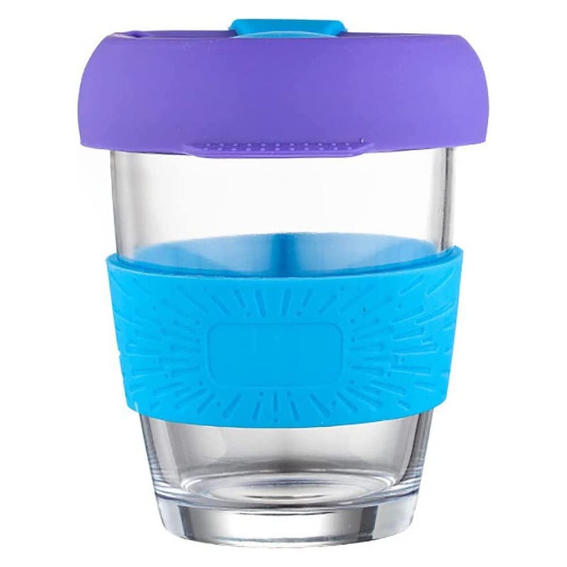 P Plus Fire 350ml Glass Cup Glass Tumbler with Silicone Lid Drinking Cup Travel Mug Set of 1 Blue - Image 1