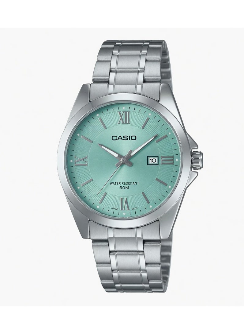 Casio Men's Classic Analog Watch - Turquoise Dial, Roman Numerals, Stainless Steel Band - MTP-V004D-2B2