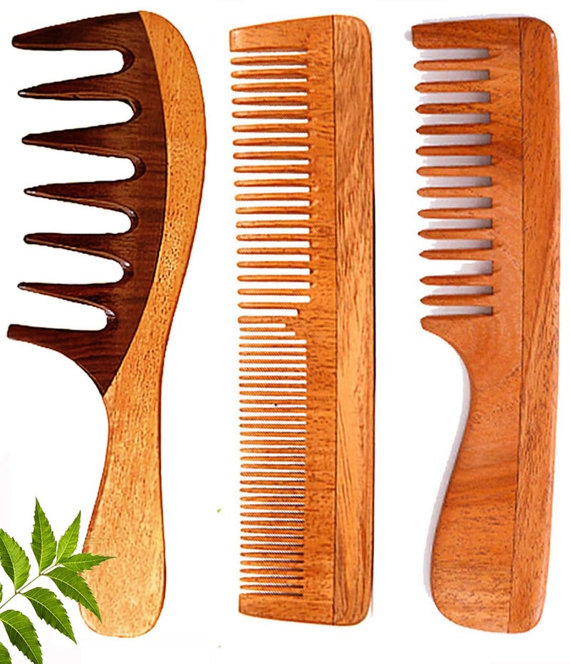 Rufiys Wooden Curly Hair Wide Tooth Comb Neem Wood Curly Hair Comb for Women Men Hair Growth Anti Dandruff Detangler Comb NEEMCOMBPACK OF 3 - Image 1