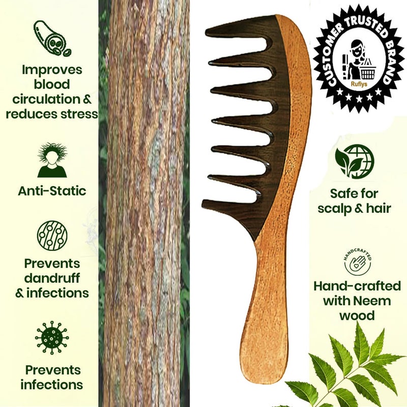 Rufiys Wooden Curly Hair Wide Tooth Comb Neem Wood Curly Hair Comb for Women Men Hair Growth Anti Dandruff Detangler Comb NEEMCOMBPACK OF 3 - Image 3