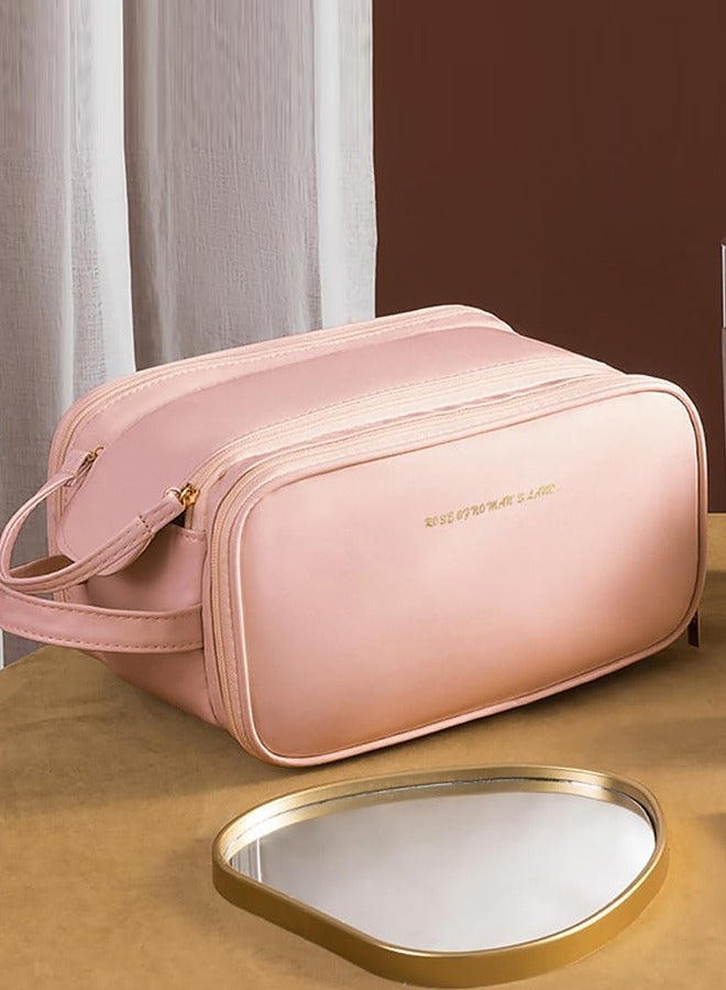 حقيبة تجميل بسعة كبيرة للسفر، حقيبة مستحضرات تجميل جلدية PU بسحاب لمستحضرات التجميل، فرشاة المكياج، حقيبة تنظيم مكياج محمولة مقاومة للماء للاستخدام في السفر والمنزل - Image 4