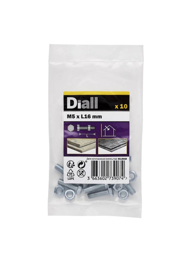 ACE Zinc Plated Carbon Steel Hex Bolt And Nut Pack M5 X 16 Mm 10 Piece 