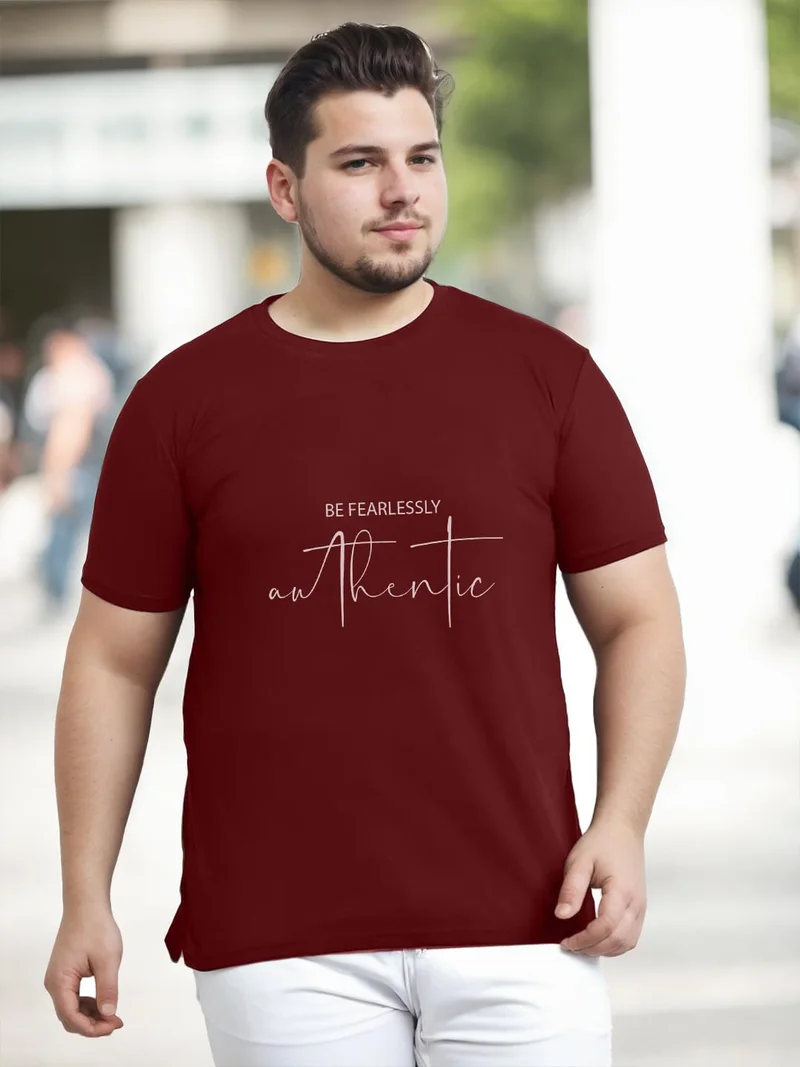 نوبيرو Men's Burgundy Printed T-Shirt for Plus Sizes