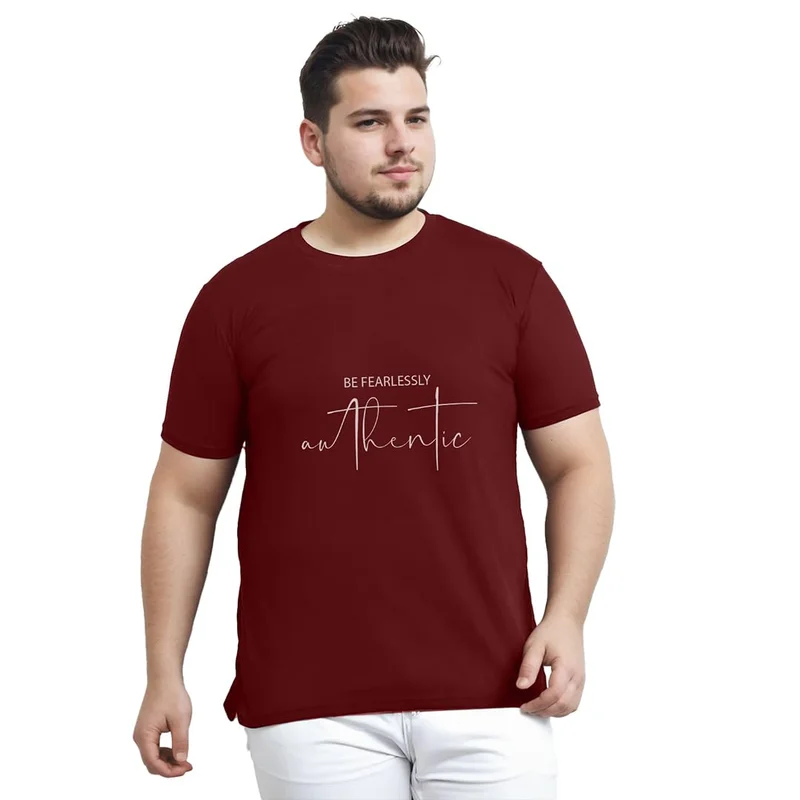 نوبيرو Men's Burgundy Printed T-Shirt for Plus Sizes