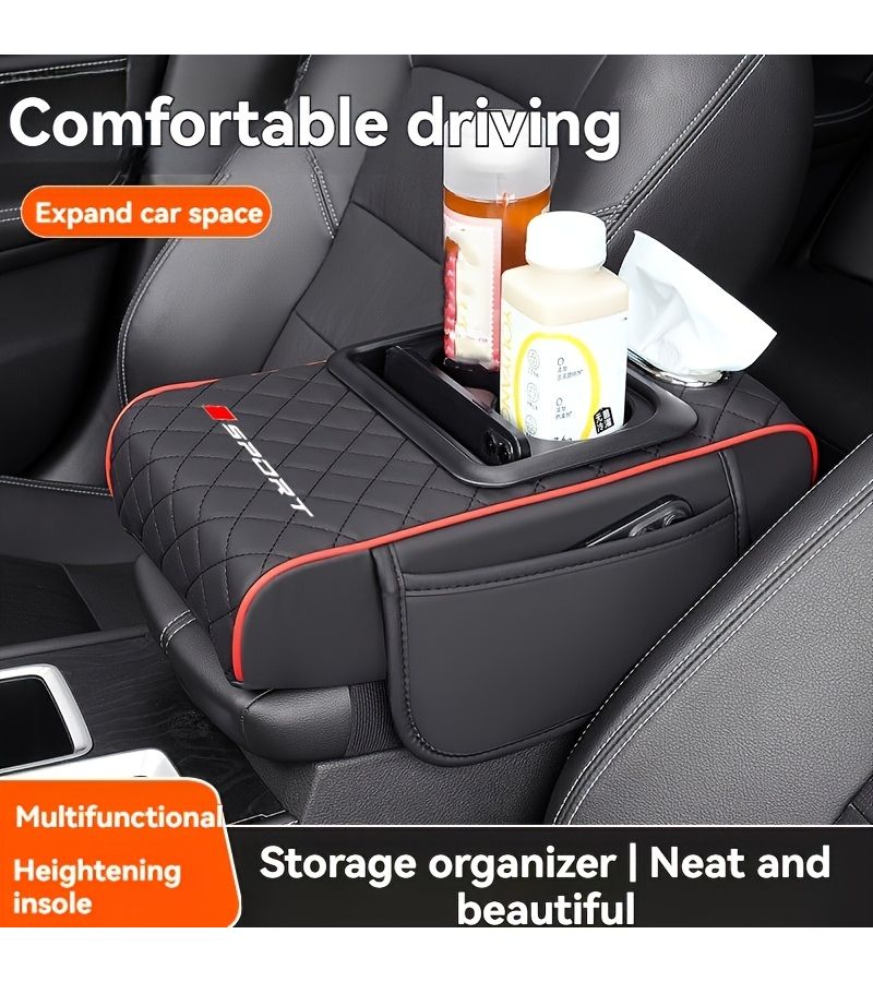 Car and Truck Armrest Box With Cup Holders Black PU Leather Four in One - Image 1