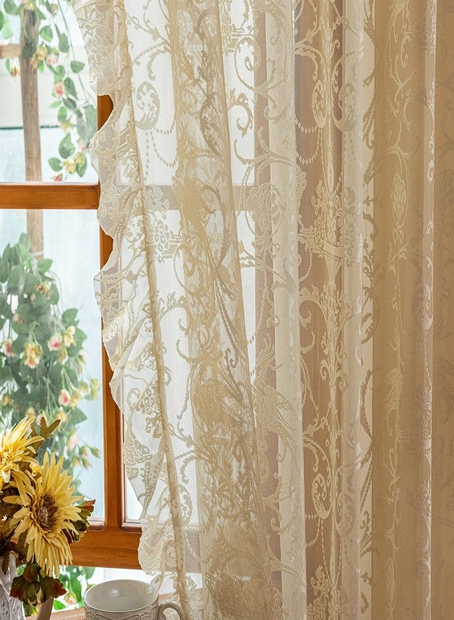 TUDECO Beige Boho Curtains 8 Foot - Cottage Translucen Lace Curtains for Living Room Bedroom, Pretty Chic Floral Ruffle Light Filtering Privacy Window Decor, 59 x 96 Inch, Light Beige - Image 3